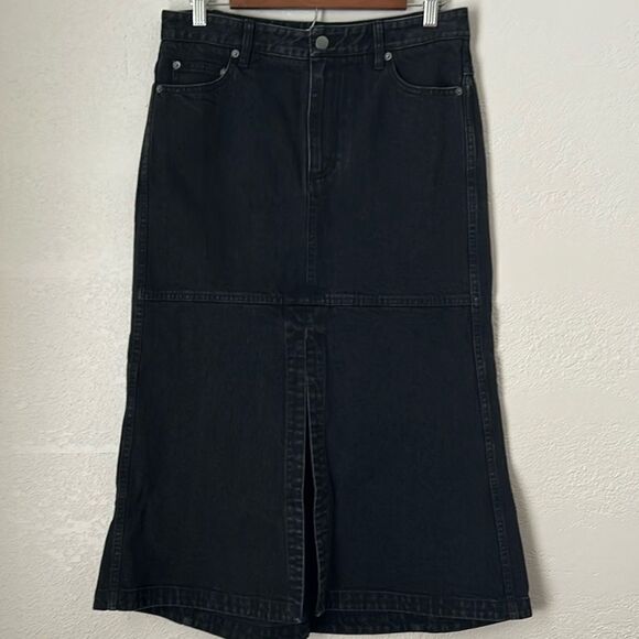 Tibi Size 29 Black Low Rise Denim Jean Midi Skirt with Front Slit - Picture 3 of 10